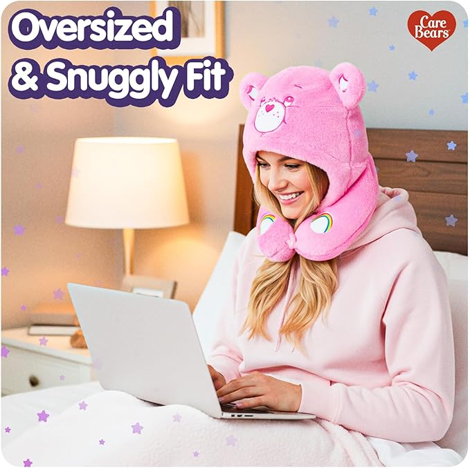 Care Bears - Cheer Bear Snuggle Hood, Travel Pillow with Hood, Soft Plush Neck Support, Lightweight, Comfortable and Breathable, Airplane, Care and Train Travel - Pink
