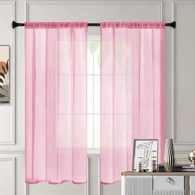 Sheer Curtains 54 Inches Long 2 Panels, Rod Pocket Short Curtain for Kitchen, Bedroom, Cafe Window(Pink 38" W x 54" L)