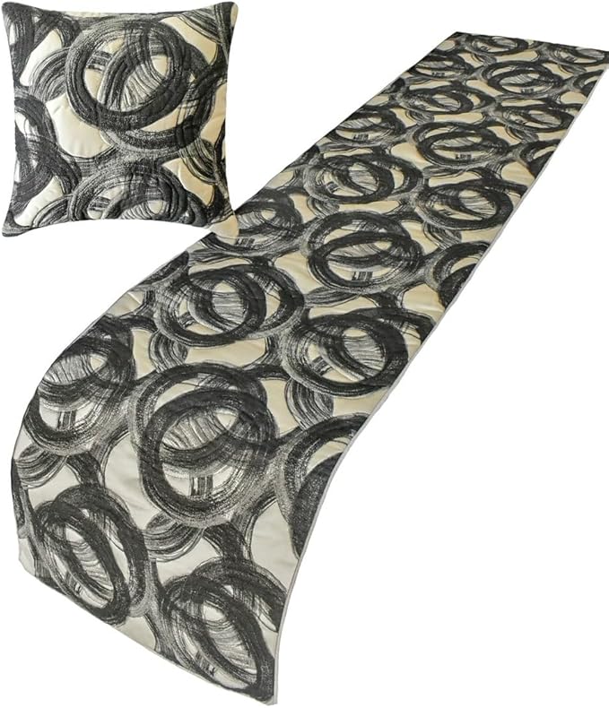 The HomeCentric King/Queen/Twin Black Decorative Twin 53"x18" Bed Runner with Pillow Cover, Circle, Rings, Quilted Bed Scarf on Jacquard Fabric - Circlewise