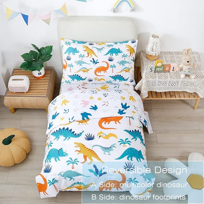 PERFEMET 4 Pieces Toddler Bedding Set Cartoon Dinosaur Print Comforter Sheet Set for Boys Microfiber Soft Toddler Comforter Set Includes Comforter, Flat Sheet, Fitted Sheet and Pillowcase, Colorful