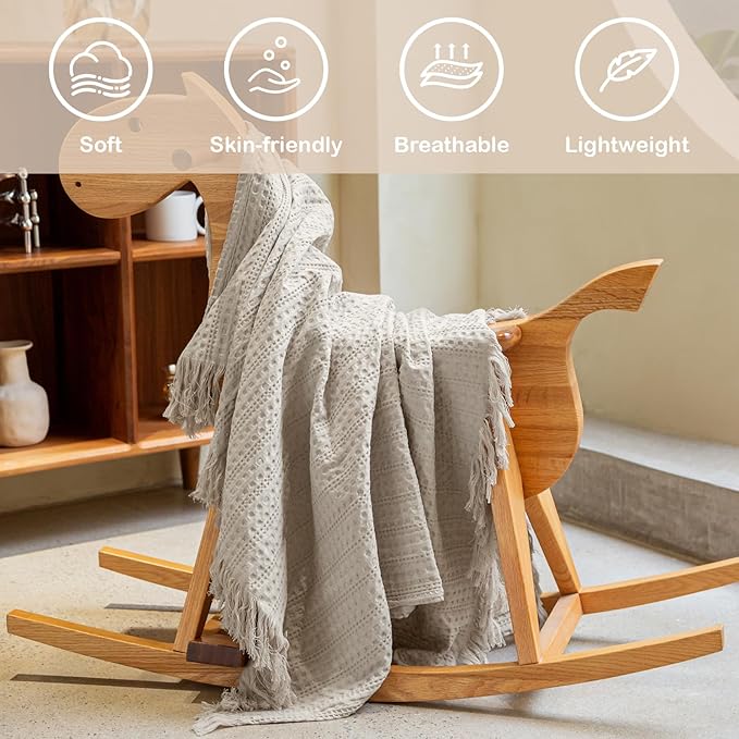 100% Cotton Waffle Blanket with Fringe, Pre-Washed Waffle Weave Blanket for All Season, Lightweight Breathable Soft Cozy Throw Blanket for Couch, Bed, Travel (Beige - 66x90 Inches)