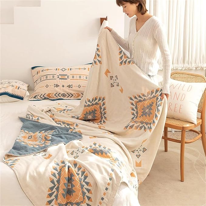 100% Cotton Throw Blankets for Couch Bed Chair Sofa,Cotton Quilt Throw Woven Boho Bed Blankets,Versatile Knit Woven Super Soft Decorative Blanket for Women,80''Wx 90''L