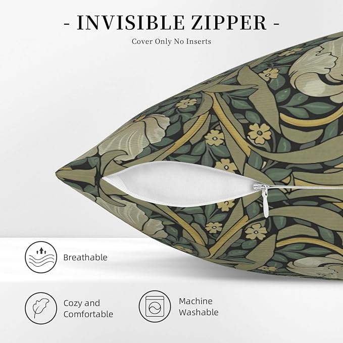 William Morris Green Vintage Floral Pimpernel Design 18x18 inches Throw Pillow Covers Square Pillowcases Decor for Bed Couch Sofa Living Room Cushion Covers