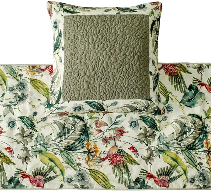 The HomeCentric King Queen Twin Ivory & Multi Designer Queen 74"x18" Bed Runner Without Pillow Cover, Bird, Sequins & Beaded Bed Scarf on Cotton Fabric - Exotic Birds