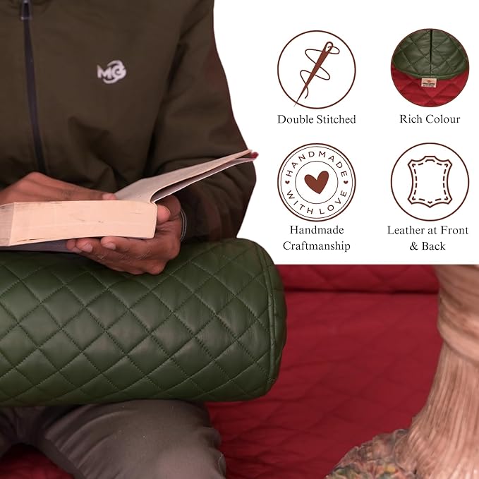 Neck Roll Pillow Cushion Cover, 22x7 Inch Full Moon Round Bolster Pillow Case, Cylinder Soft Lambskin Leather Pillowcase for Head, Spine & Neck Support During Sleep - Quilted Dark Green Pack of 1