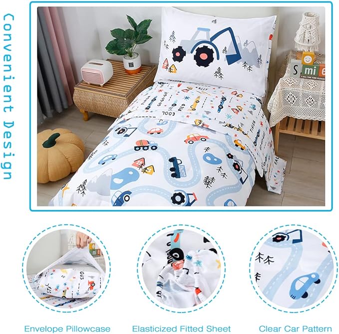 PERFEMET 5-Piece Kids Comforter Full Size Set Reversible Trucks Cars Bedding Comforter Set for Boys Girls Ultra Soft Lightweight Blue White Boy Bed in a Bag for All Season(Cars, Full)