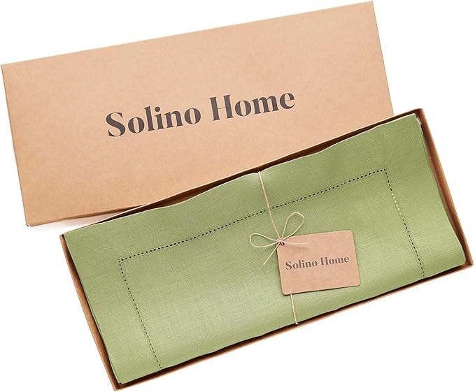 Solino Home Linen Table Runner 108 Inches Long - 100% Pure Linen Moss Green Table Runner 14 x 108 Inch for Winter - Classic Hemstitch