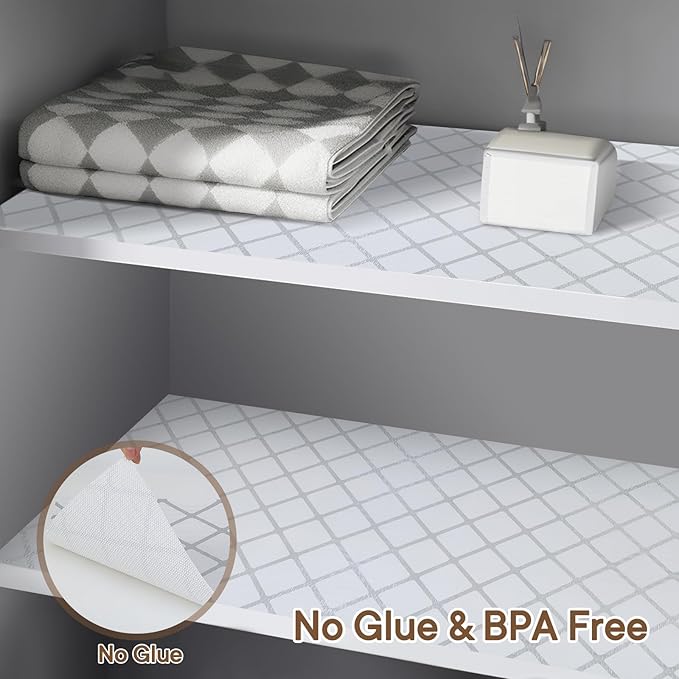 Shelf and Drawer Liner for Kitchen Cabinets Non-Adhesive, Strong Grip Non-Slip Thickened Cabinet Liners for Shelves, Waterproof Mats for Dresser Cupboard, Silver Stripe, 12 in x 10 Feet