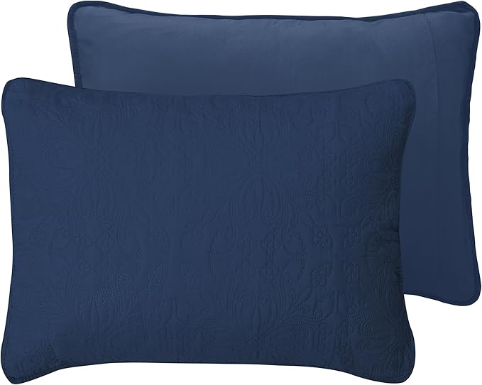 Easy-Going Twin Size Reversible Quilt Set with 1 Quilt and 1 Pillow Sham, Soft Bed Quilt Cover, Water Resistant Lightweight Microfiber Bedspread, Stain Resistant, Damask-Dark Blue/Light Blue