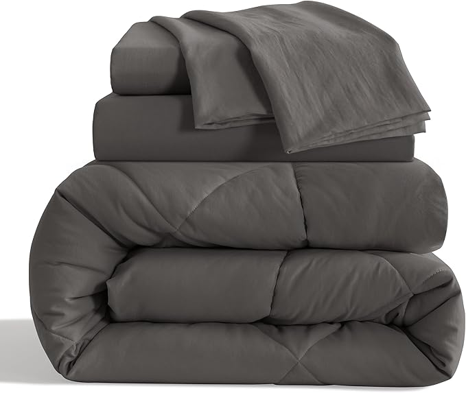 NTBAY Twin Comforter Set with Sheets, 5 Pieces Soft and Breathable Twin Bedding Set, Twin Bed in a Bag, Down Alternative Comforter Set Solid Color All Season, Kids Bedding Set, Dark Grey