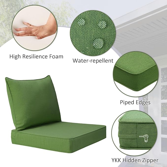 Outdoor Patio Chair Cushions Set, 24" x 24", Set of 2, Water-Repellent, Fade Resistant, Deep Seat Bottom and Back Cushion for Backyard, Couch, Sofa and Patio Furniture, Lawn Green