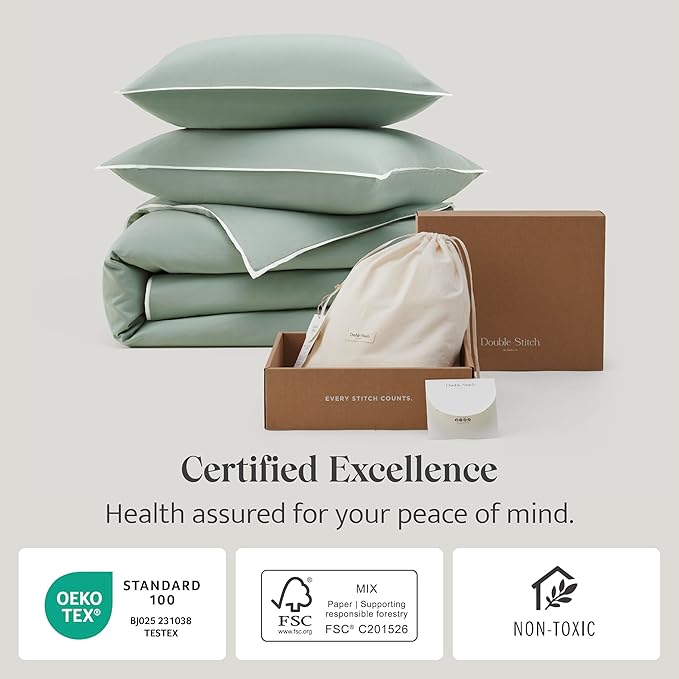 Double Stitch Cotton Tencel Duvet Cover - Queen Size Comforter Cover, Luxury & Soft Eucalyptus Lyocell Bedding Set for Hot Sleepers, Cooling & Breathable, Button Closure, Sage Green Contrast, 90"x90"