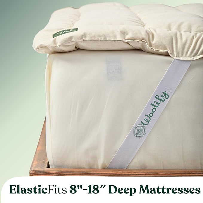 Organic Merino Wool Mattress Topper - Luxury Pillow Top Mattress Pad, Handmade, Non-Toxic, Cooling & Hypoallergenic, Natural Back Pain Relief, Sustainable Bedding (King)