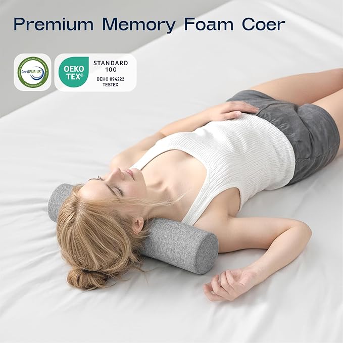 Neck Roll Pillow, Memory Foam Neck Support Pillows, Round Neck Pillows, Cylinder Bolster Pillows for Bed, Couch, and Yoga, Removable Washable Cover,18 * 4 * 4 inch (Small,Grey)