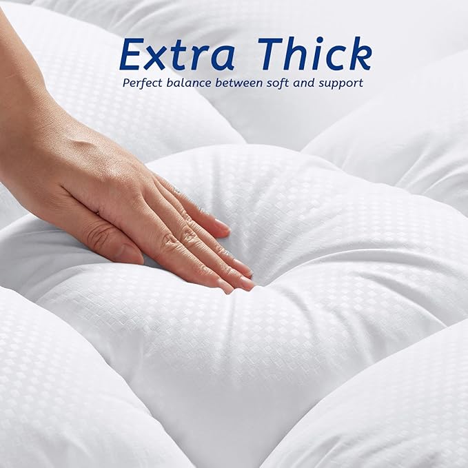 Full XL Size Mattress Topper for Back Pain, Cooling Extra Thick Mattress Pad Cover with 8-21 inch Deep Pocket, Plush Pillow Top Mattress Topper Overfilled with Down Alternative, Full Extra Long, White