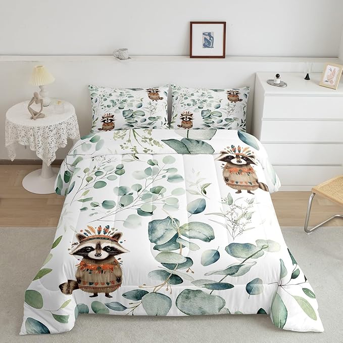 Erosebridal Cute Raccoon King Bedding Sets for Kids Child Green Eucalyptus Comforter Set, Woodland Animal Duvet Insert Botanical Plant Leaves Down Comforter, Cartoon Wildlife Bedding Comforter Sets