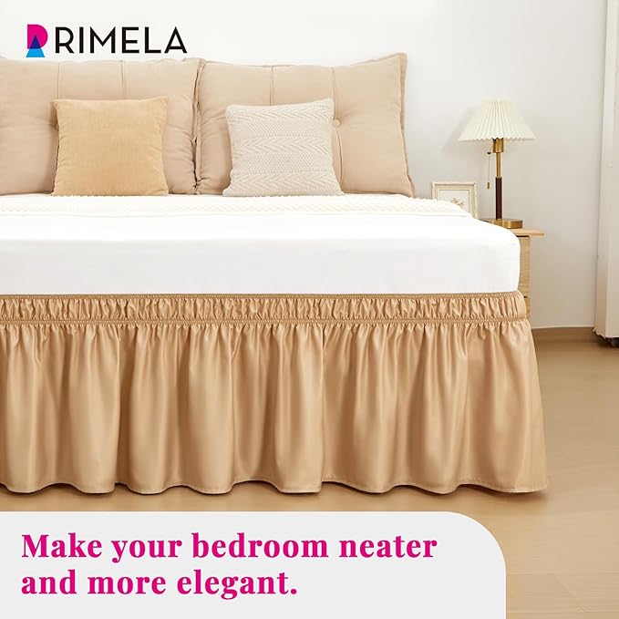 RIMELA Bed Skirt Queen Size Champagne Gold 15 Inch Drop, Wrap Around Elastic Bedskirt, Dust Ruffle for Adjustable Bed Base Soft Durable Fabric Machine Washable Easy to Install Bed Skirts