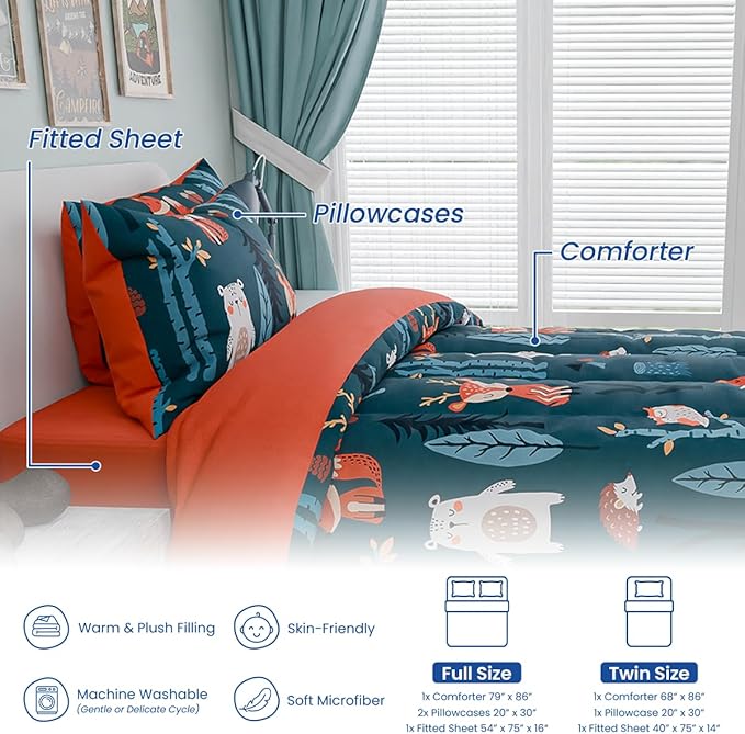 Woodland Animal Kids Bedding Set for Boys, Ultra Soft Microfiber Comforter Set Twin Size 3-Pieces, Comforters Bed Sets for Kid Tween Teen Bedroom Decor