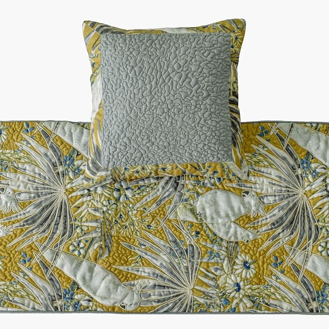 The HomeCentric King/Queen/Twin Grey & Yellow Decorative Twin 53"x18" Bed Runner with Pillow Cover, Cockatoo Bird & Quilted Bed Scarf on Cotton Fabric - Cockatoo Love