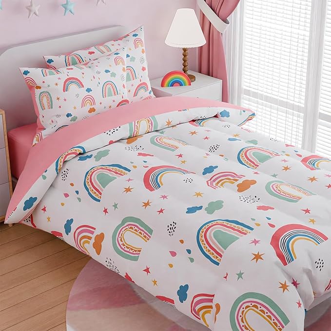 SANDJEST Rainbow Twin Bedding Set for Girls, Ultra Soft Microfiber Comforter Set Twin Size with 3-Pieces for Kids Teen, Bed Set Comforters for Bedroom Decor