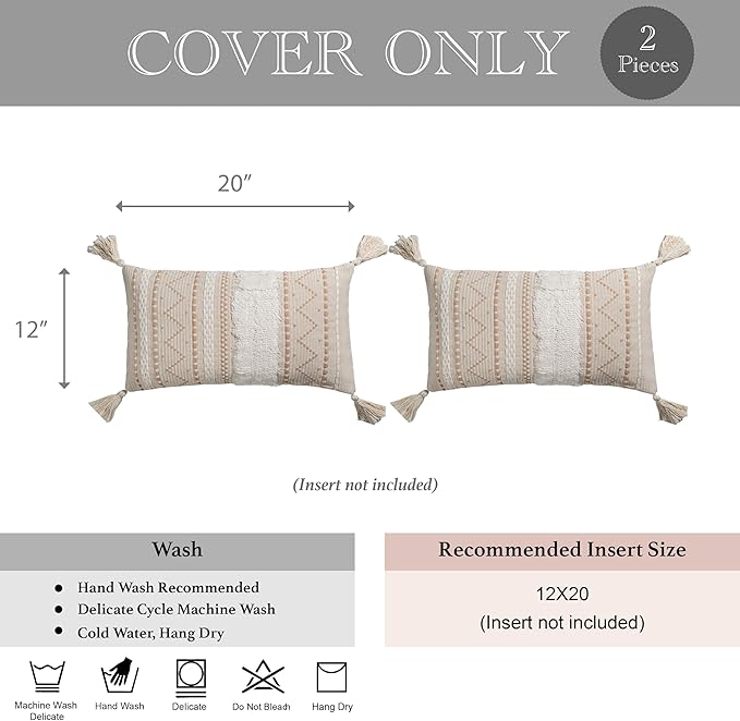 BlissBlush Decorative Lumbar Throw Pillow Cover 12x20 Combo Set of 2 Cream Neutral White Rectangular Boho Accent Pillowcase Farmhouse Cushion for Couch Sofa Bedroom Living Home Décor Cover ONLY