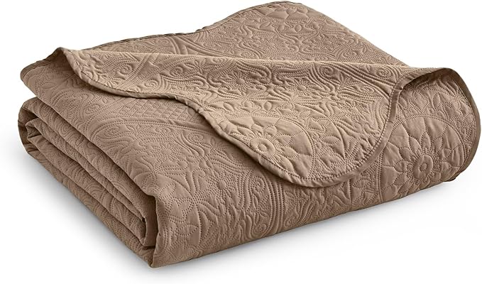 IR Imperial Rooms Twin Quilt Bedding Set Size (68” x 86”) + 1 Pillow Shams (20” x 26” + 2”) - 2 Pcs All Season Lightweight Reversible Microfiber Coverlet Floral Embossed Quilt Bedspread (Beige)