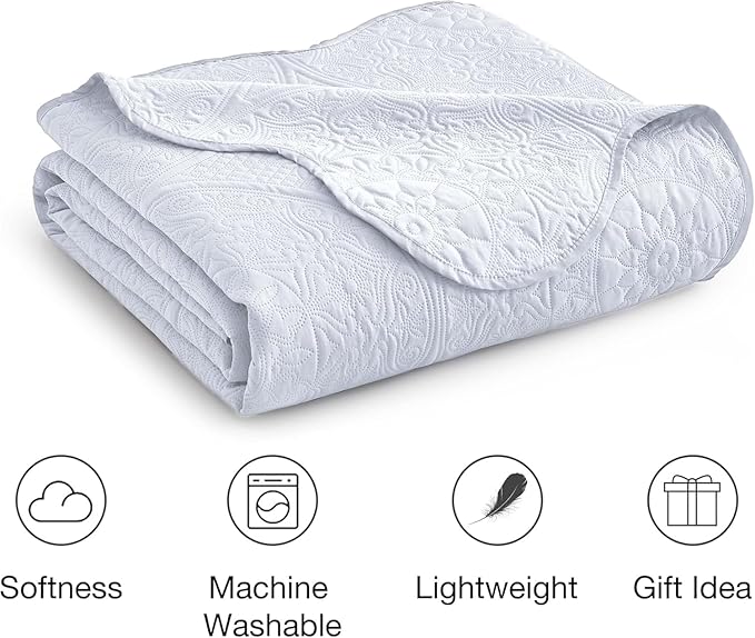 IR Imperial Rooms Twin Quilt Bedding Set Size (68” x 86”) + 1 Pillow Shams (20” x 26” + 2”) - 2 Pcs All Season Lightweight Reversible Microfiber Coverlet Floral Embossed Quilt Bedspread (White)