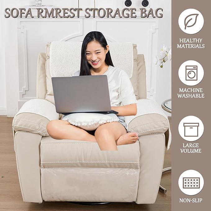 Armrest Cover, Recliner Chair Protector, Furniture Protector Slip, Side Storage Pocket, Stretch Armchair Couch Arm Rest Cover for Recliner, Chair, Sofa (Beige,3 Seater(5pcs))