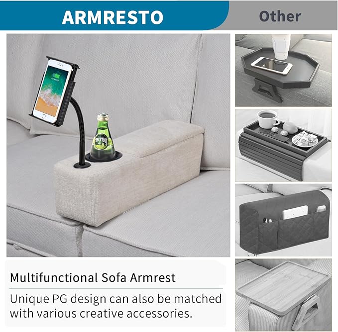 Multifunctional Removable Sofa Armrest with Cup Holder, Couch Armrest with Wireless Charge Stand, Couch Caddy with Storage,Equipped with LED Reading Light, Almond