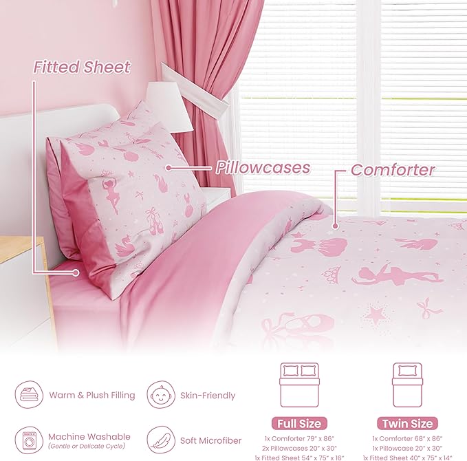 SANDJEST Ballerina Comforter Set Twin Size 68x86in for Kids Girls, Microfiber 3 Pcs Bedding Set Includes 1 Comforter, 1 Pillowcase, 1 Fitted Sheet, Nursery Room Decor