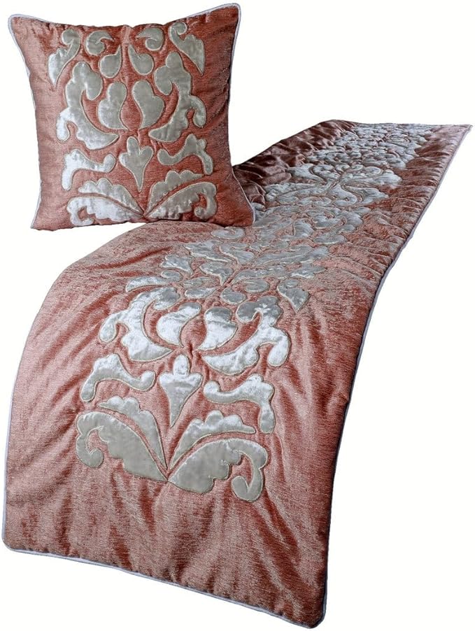 The HomeCentric Handmade Peach & Ivory King 90 x 18 inch Bed Runner Without Pillow Cover, Velvet Applique Bed Scarf, Abstract Modern - Peach Elegance