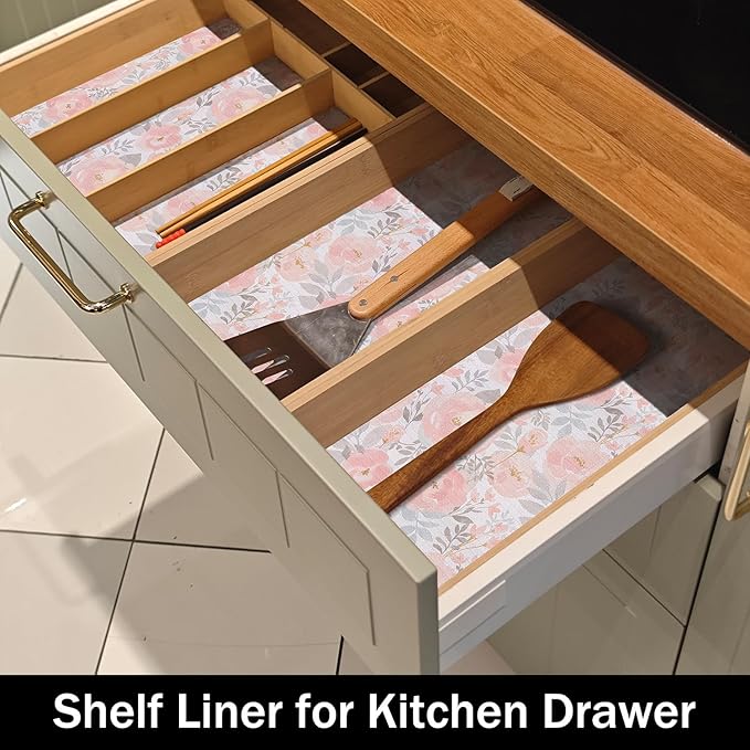 Floral Shelf and Drawer Liner for Kitchen,12IN x 20FT Non-Adhesive and Strong Non-Slip Peony Cabinet Drawer Liners for Kitchen Shelf, Waterproof Cupboard Liners,Easy to Clean
