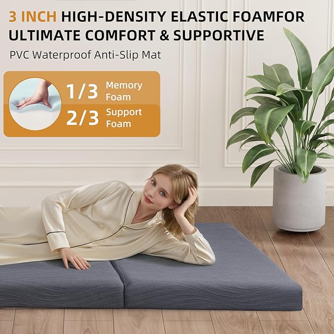 Foldable Memory Foam Mattress - 3 Inch Twin XL Waterproof Collapsible Mattress with Washable Cover, Portable Guest Bed Pad, Sleeping Mat for Travel RV Camping Yoga, Non-Slip Bottom,80"x38"x3"