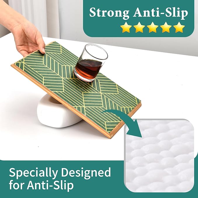 Shelf Liners for Kitchen Cabinets 17.5in x 30FT, Non Adhesive Cabinet Liner Strong Non-Slip Thickened Gold Green Geometric Drawer Liner, Easy to Clean for Shelf, Cabinet with Knife and Tape Measure