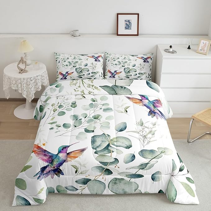 Erosebridal Cartoon Hummingbird King Size Comforter Set Toddler Wildlife Bird Bedding Set, Spring Plant Down Comforter Eucalyptus Leaf Bed Set, Jungle Animal Theme Quilted Duvet Kids Room Decor