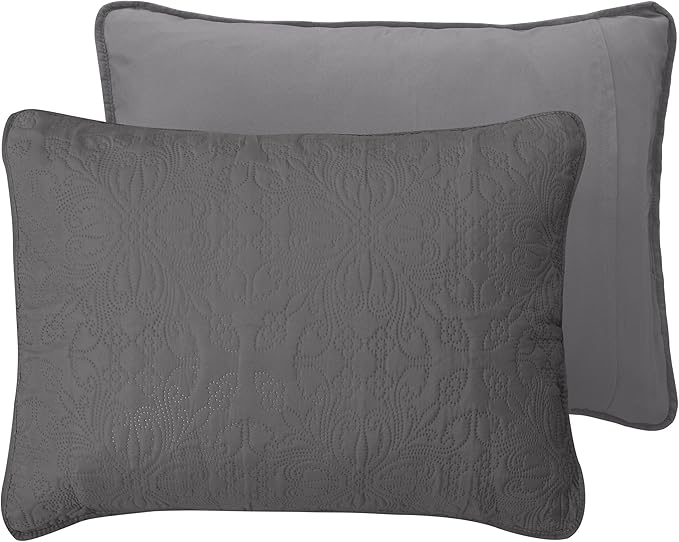 Easy-Going Full/Queen Size Reversible Quilt Set with 1 Quilt and 2 Pillow Shams, Soft Bed Quilt Cover, Water Resistant Lightweight Microfiber Bedspread, Stain Resistant, Damask-Gray/Light Gray