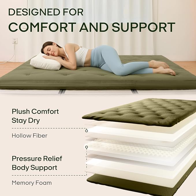 ZonLi Japanese Floor Futon Mattress Queen Size 80"x 60", 100% Cotton Cover 4'' Thicken Tatami Mattress, Foldable Sleeping Pad, Portable Dormitory Tatami Mat, Roll Up Floor Lounger Bed for Adult