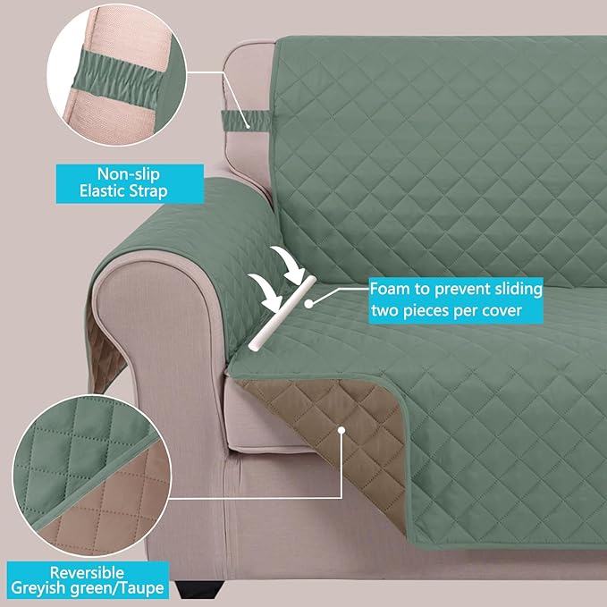U-NICE HOME Recliner Chair Covers Reversible Chair Cover Pet Covers for Dogs with Elastic Straps Water Resistant Diamond Quilted (23''Recliner Small, Greyish Green/Taupe)
