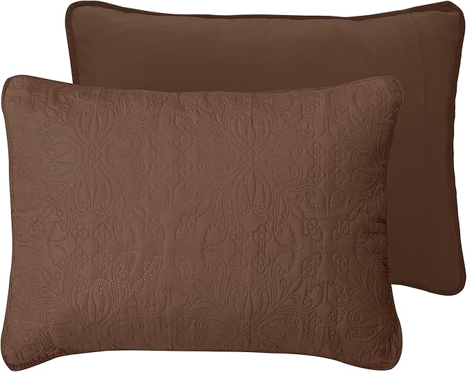 Easy-Going King Size Reversible Quilt Set with 1 Quilt and 2 Pillow Shams, Soft Bed Quilt Cover, Water Resistant Lightweight Microfiber Bedspread, Stain Resistant, Damask-Brown/Beige