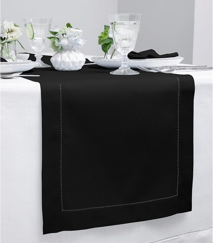 Solino Home Linen Black Table Runner 60 Inches - Classic Hemstitch, 100% Pure Linen Coffee Table Runner 14 x 60 Inch Ideal for Dresser Tables - Holiday, Christmas, New Year