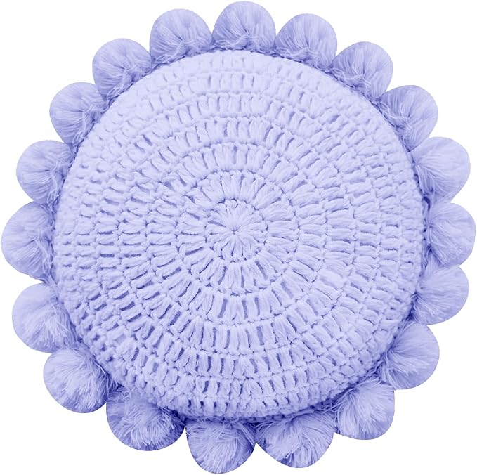 Boho Round Throw Pillow with Cute Handmade Pom Poms Tassels 18 Inch, Decorative Circular Knitted Crochet Cushion for Couch, Sofa, Chair, Bed, Purple