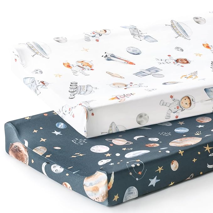 GRSSDER Stretch Ultra Soft Jersey Knit Changing Pad Cover Set 2 Pack, Change Table Pad Covers Fit 32"/34" x 16" Pads Safe and Snug, Space Print for Boys and Girls