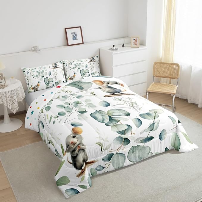 Erosebridal Kids Cute Animal Full Bedding Sets for Girls Boys Cartoon Mouse Comforter Set, Spring Eucalyptus Bedding Comforter Sets Watercolor Leaves Duvet Insert, Kawaii Animal Mice Down Comforter