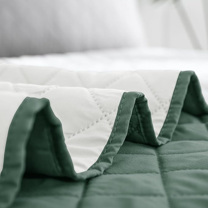 Easy-Going Twin Size Reversible Quilt Set with 1 Quilt and 1 Pillow Sham, Soft Bed Quilt Cover, Water Resistant Lightweight Microfiber Bedspread, Stain Resistant, Cyan/Ivory