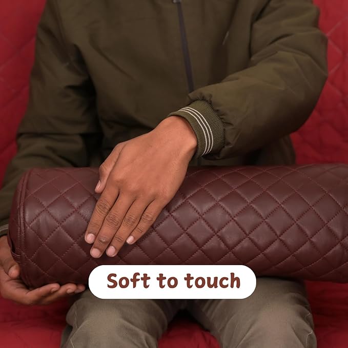 Neck Roll Pillow Cushion Cover, 18x6 Inch Full Moon Round Bolster Pillow Case, Cylinder Soft Lambskin Leather Pillowcase for Head, Spine & Neck Support During Sleep - Quilted Dark Brown Pack of 1