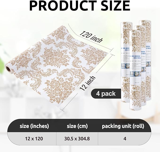 RAY STAR 12X120 Inch Shelf Liner for Kitchen Cabinets, Non-Adhesive Cabinet Liner Washable, PVC Drawer Liner for Dresser Non-Slip Bathroom (Yellow Pattern)(4 Roll)