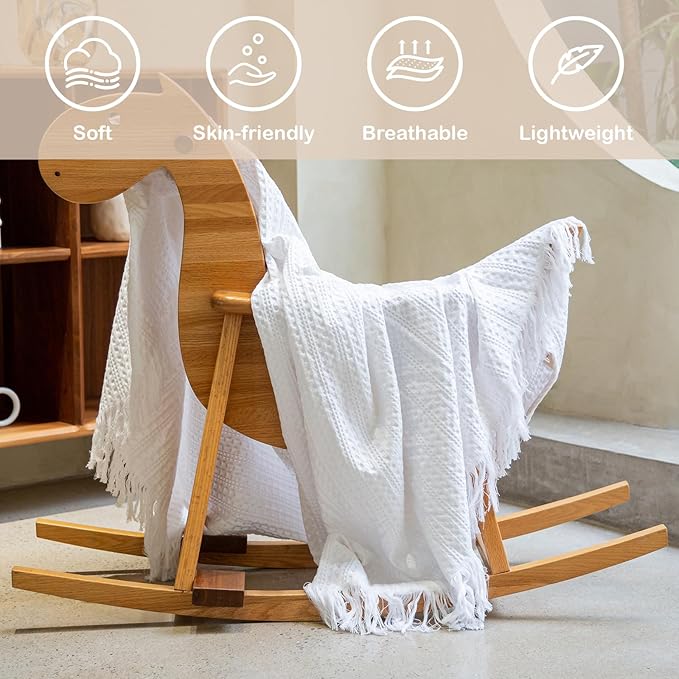 100% Cotton Waffle King Blanket with Fringe 104"x90", Pre-Washed Waffle Weave Blanket for All Season, Lightweight Breathable Soft Cozy Throw Blanket for Couch, Bed, Travel (White)