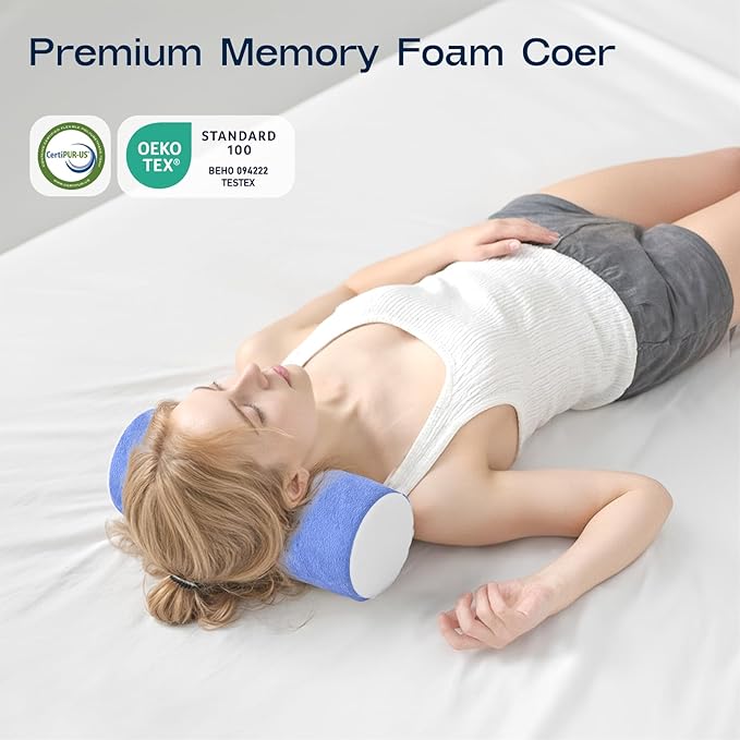 Neck Roll Cervical Pillow for Neck Pain Relief - Memory Foam Neck Pillow for Bed, Round Neck Pillows for Sleeping, 15.7 * 6 * 6inch (Blue-White)