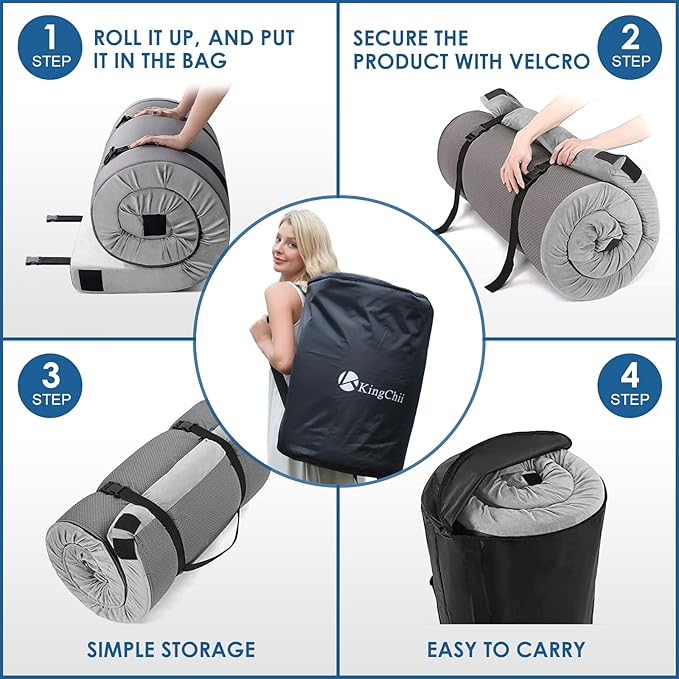 KingChii CertiPUR-US Memory Foam Camping Mattress, Portable Roll Up Travel Car Camping Mattress Sleeping Pad & Floor Mattress, Cot Mattress Guest Bed for Sleepover with Waterproof Cover & Travel Bag