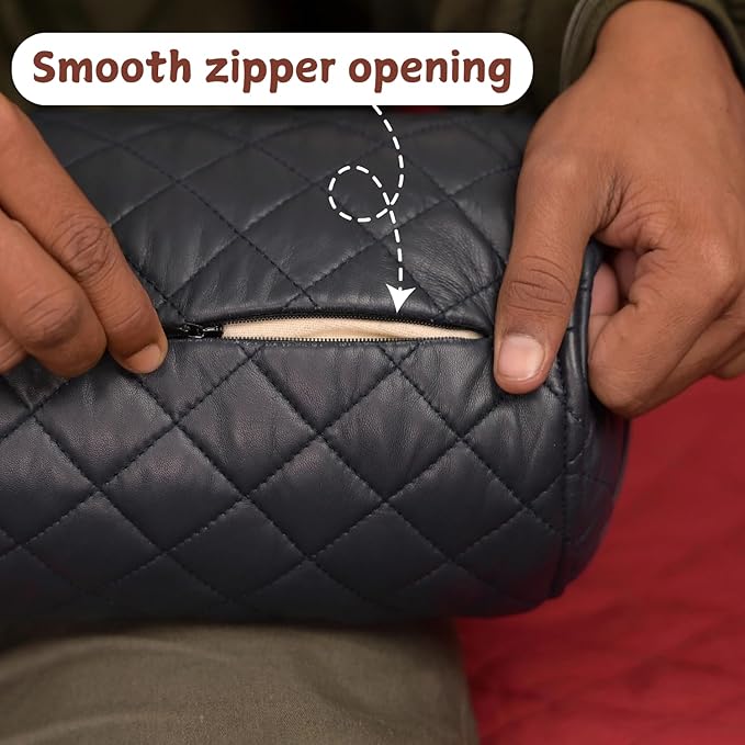 Neck Roll Pillow Cushion Cover, 20x5 Inch Full Moon Round Bolster Pillow Case, Cylinder Soft Lambskin Leather Pillowcase for Head, Spine & Neck Support During Sleep - Quilted Gun Metal Blue Pack of 2